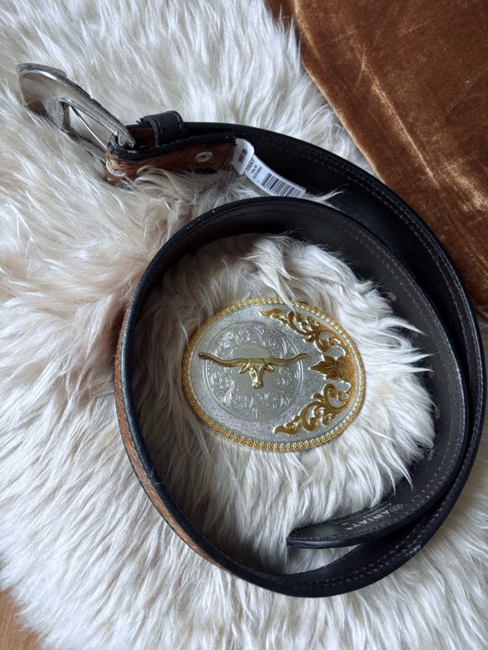 Ariat Calf Hair, Leather Belt, Size: M, ✨Bonus Nocona Silver Longhorn Buckle! 🐄🤠